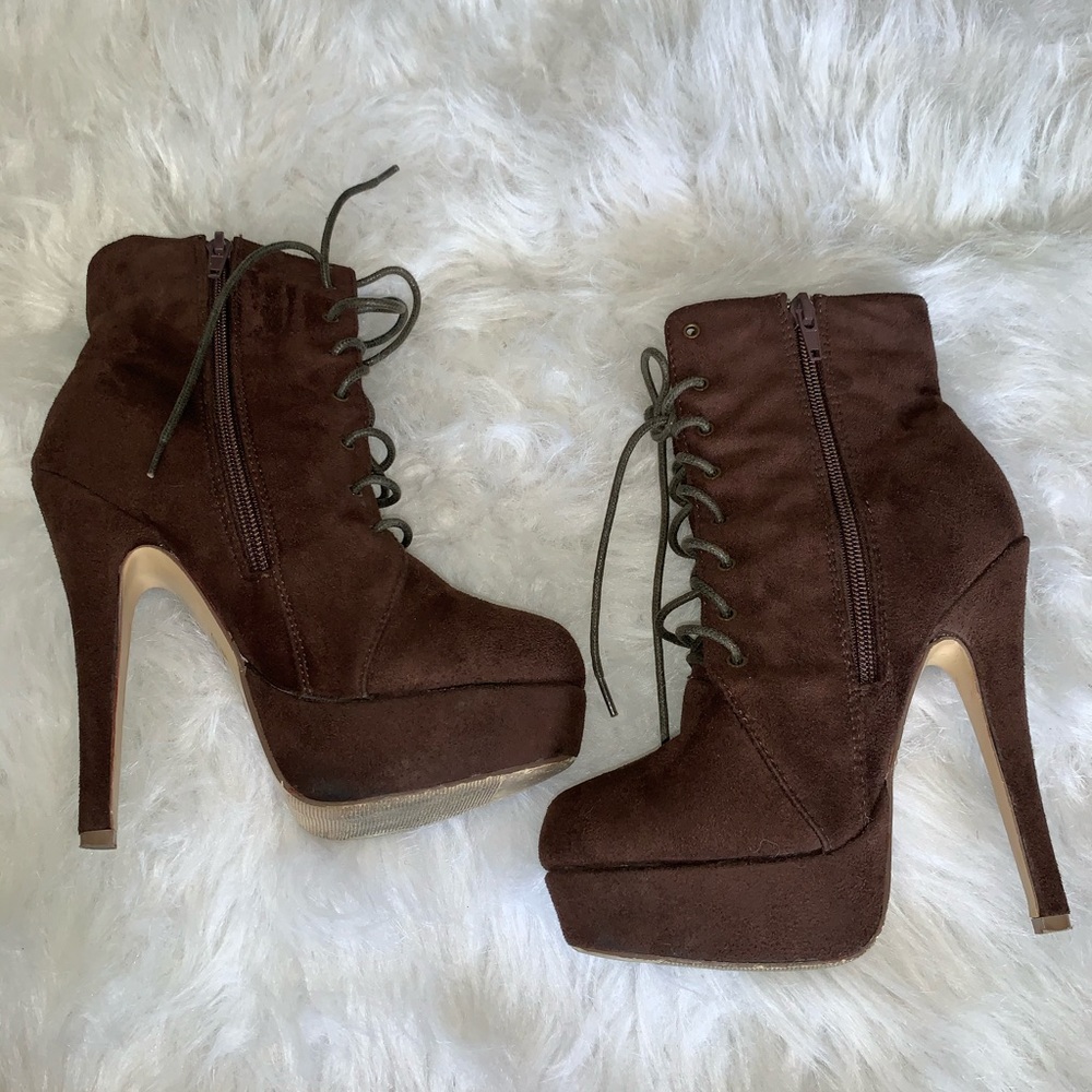 Brown military-inspired boot heels